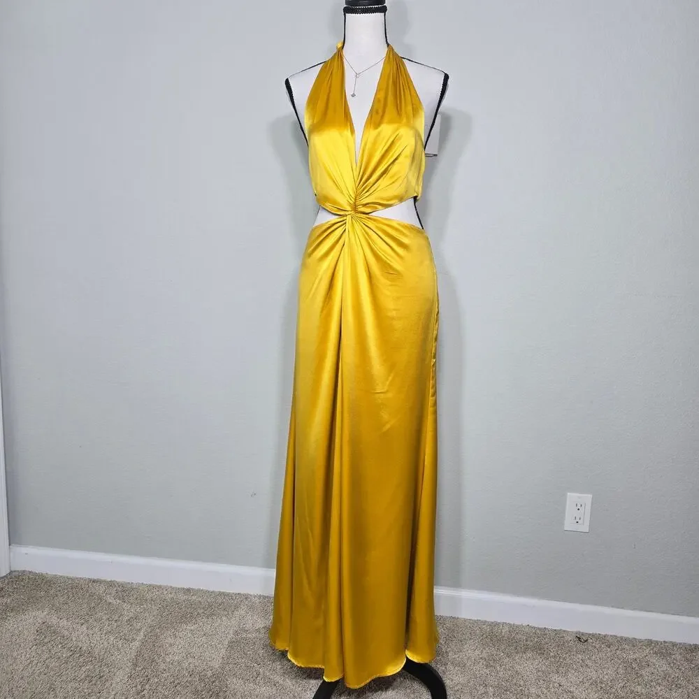 Reformation Silk Halter Maxi Dress Sz 4 Gold Cutout Backless Formal Evening Luxe - Picture 2 of 13